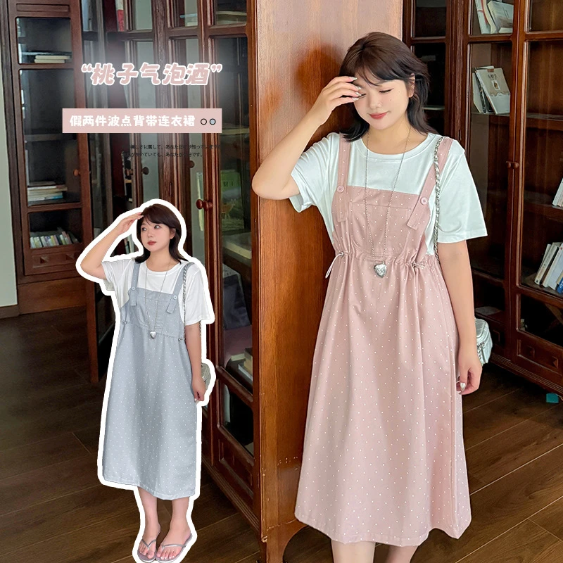 大码女装波点假两件背带裙2025夏季新款收腰减龄连衣裙