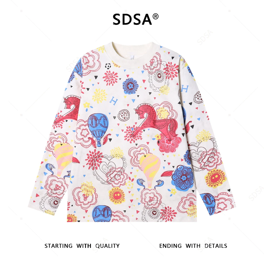 秋季高级感新款男士潮牌多样趣味印花圆领长袖T恤满天星圆领上衣