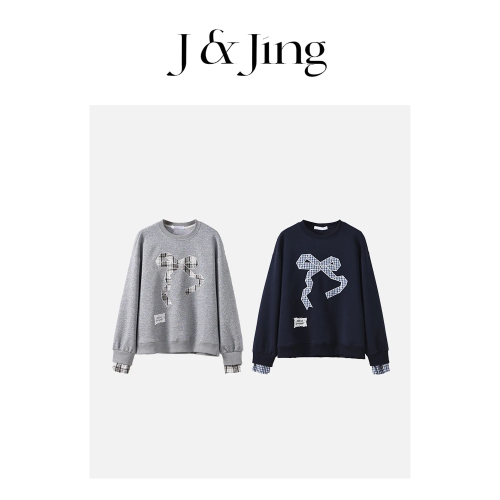 J&Jing-「格纹蝴蝶结」-上新！韩单可爱贴布蝴蝶结圆领卫衣XW108