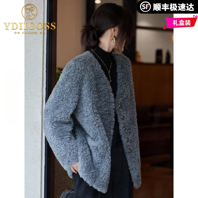伊蒂格世纯色简约颗粒羊剪绒大衣女2025冬季新款赫本风羊毛呢外套