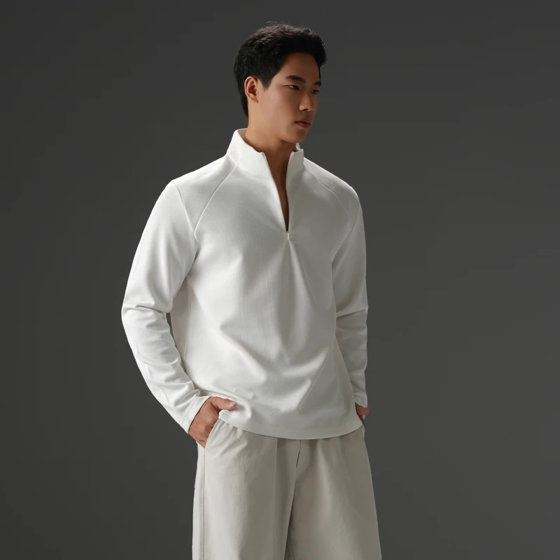 BD.POWER UP+lu感华夫格立领长袖T恤男秋季简约健身运动卫衣男