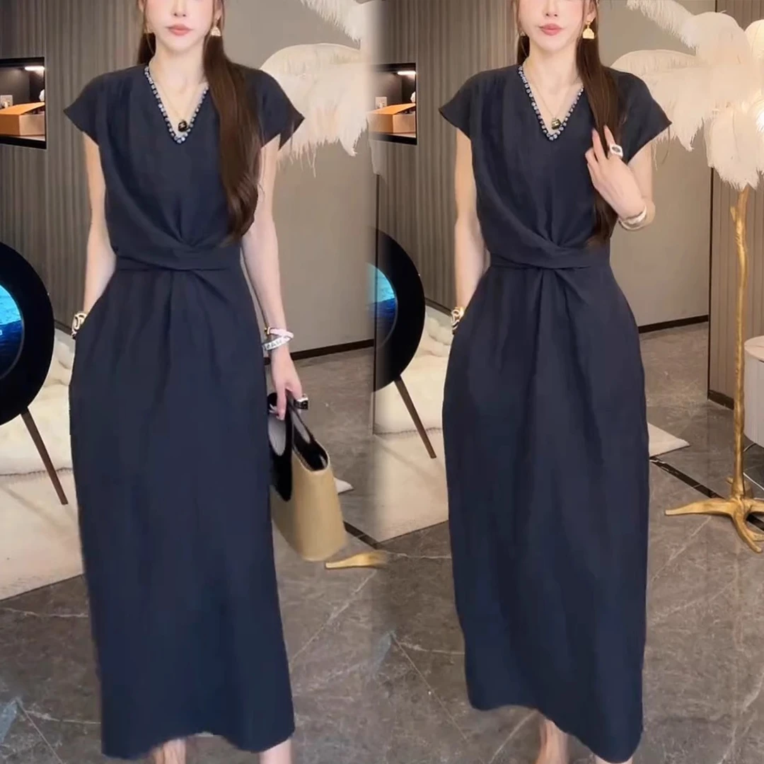 2025夏季新款时尚法式设计感飞飞袖连衣裙女洋气显瘦中长款休闲裙