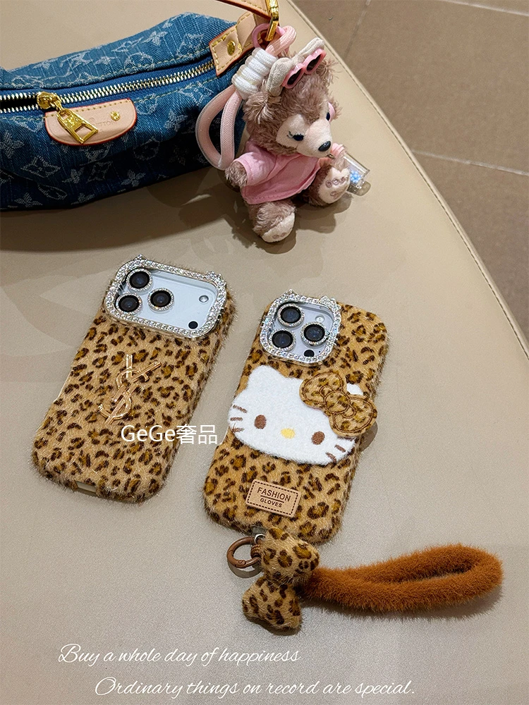 冬季毛绒豹纹kt适用苹果17promax手机壳iphone16/15/14全包13链条
