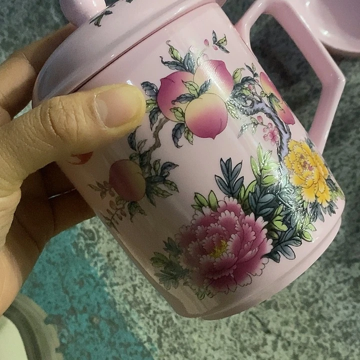 摆件陶用****3红稀土寿桃牡丹办公杯