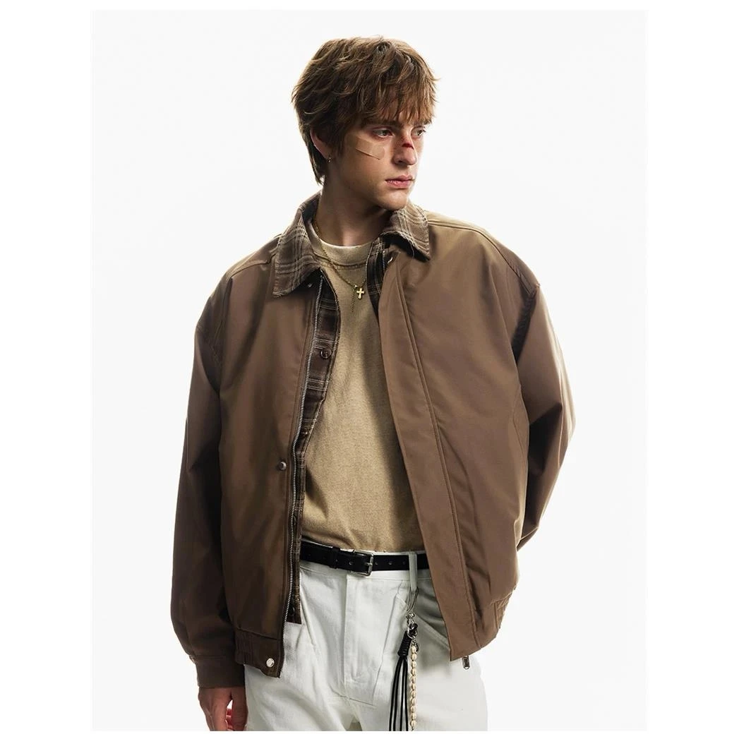 美式复古格纹翻领拼接外套男款早秋假两件时尚百搭情侣夹克上衣潮