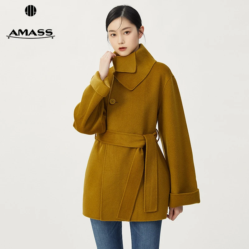 阿玛施AMASS新款女装美拉德风纯羊毛翻领毛呢外套附腰带5400676