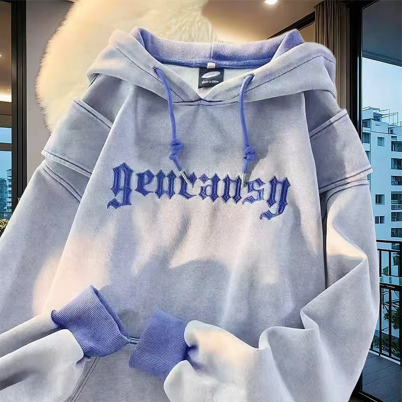 美式蓝色连帽卫衣男女宽松街头风情侣特大码300斤设计感炸街上衣