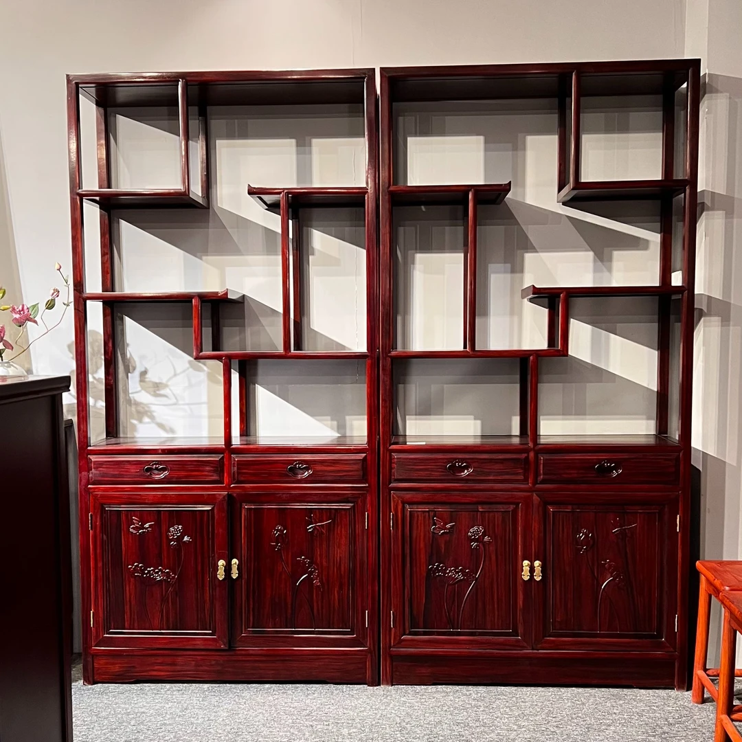 荷花博古架中式酸枝木博古架置物架客厅书房收纳架98*36*198CM