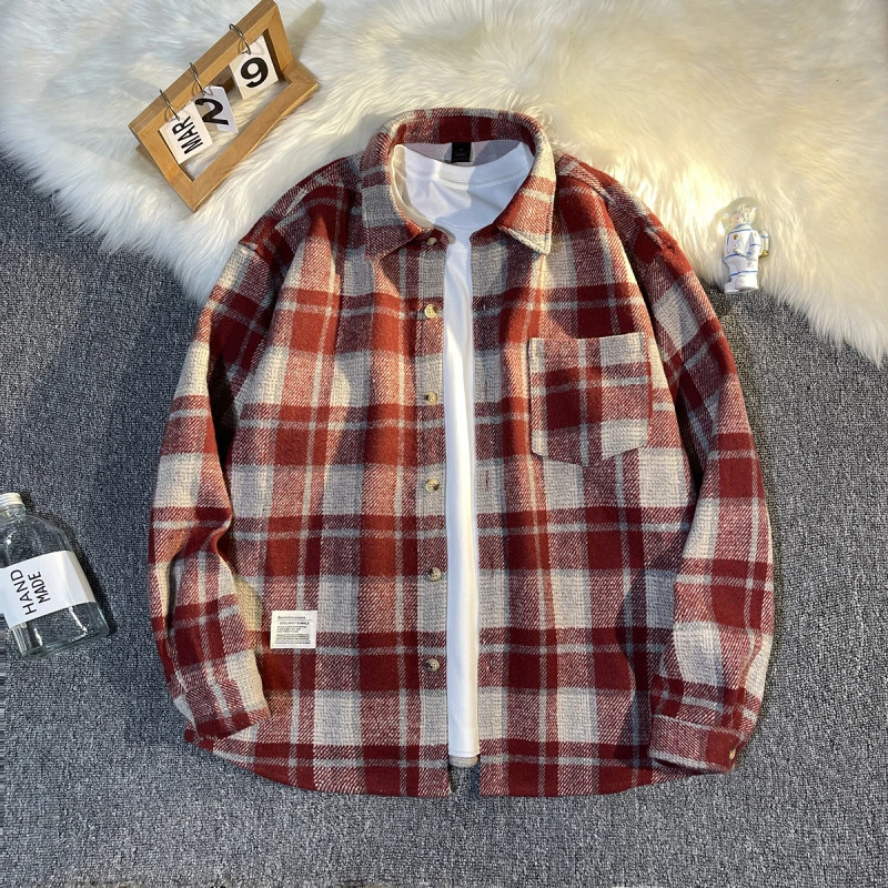 秋冬美式复古加厚毛呢外套韩版宽松情侣衬衣潮流百搭红色格子衬衫