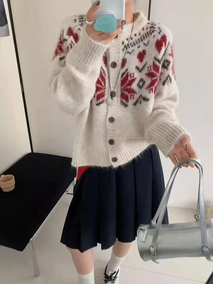 复古撞色提花毛衣外套女2025秋冬新款提花时尚宽松百搭针织开衫女