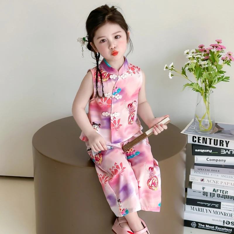 女童国风哪吒套装夏装2025新款儿童新中式汉服女宝宝阔腿裤两件套