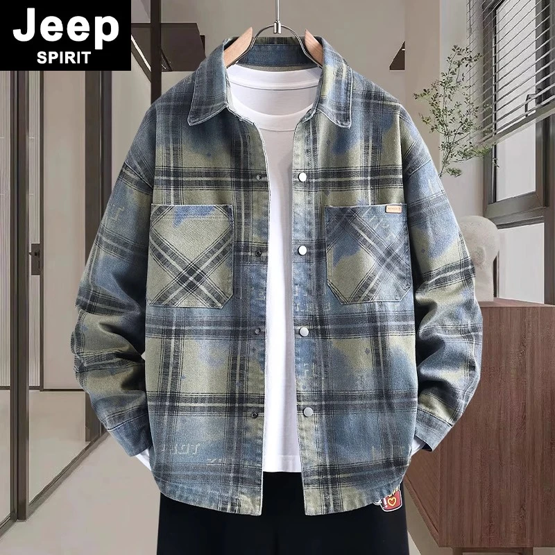 JEEPSPIRIT格子外套男春秋款潮牌宽松夹克男帅气时尚重磅工装上衣