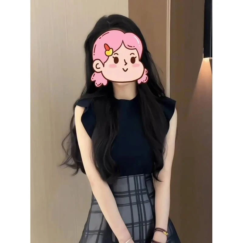 樱花妹妹 小个子套装！纯色，飞袖针织背心+格纹半身裙