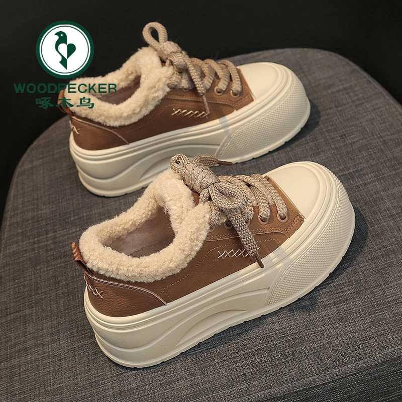 啄木鸟幂幂同款加绒厚底增高板鞋女2025秋冬新款学生运动休闲棉鞋