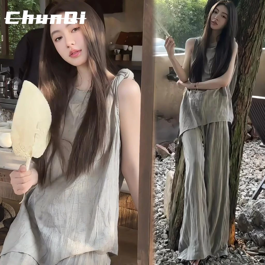 淳启夏季松弛感穿搭一整套轻奢高级感不规则无袖上衣阔腿裤两件套