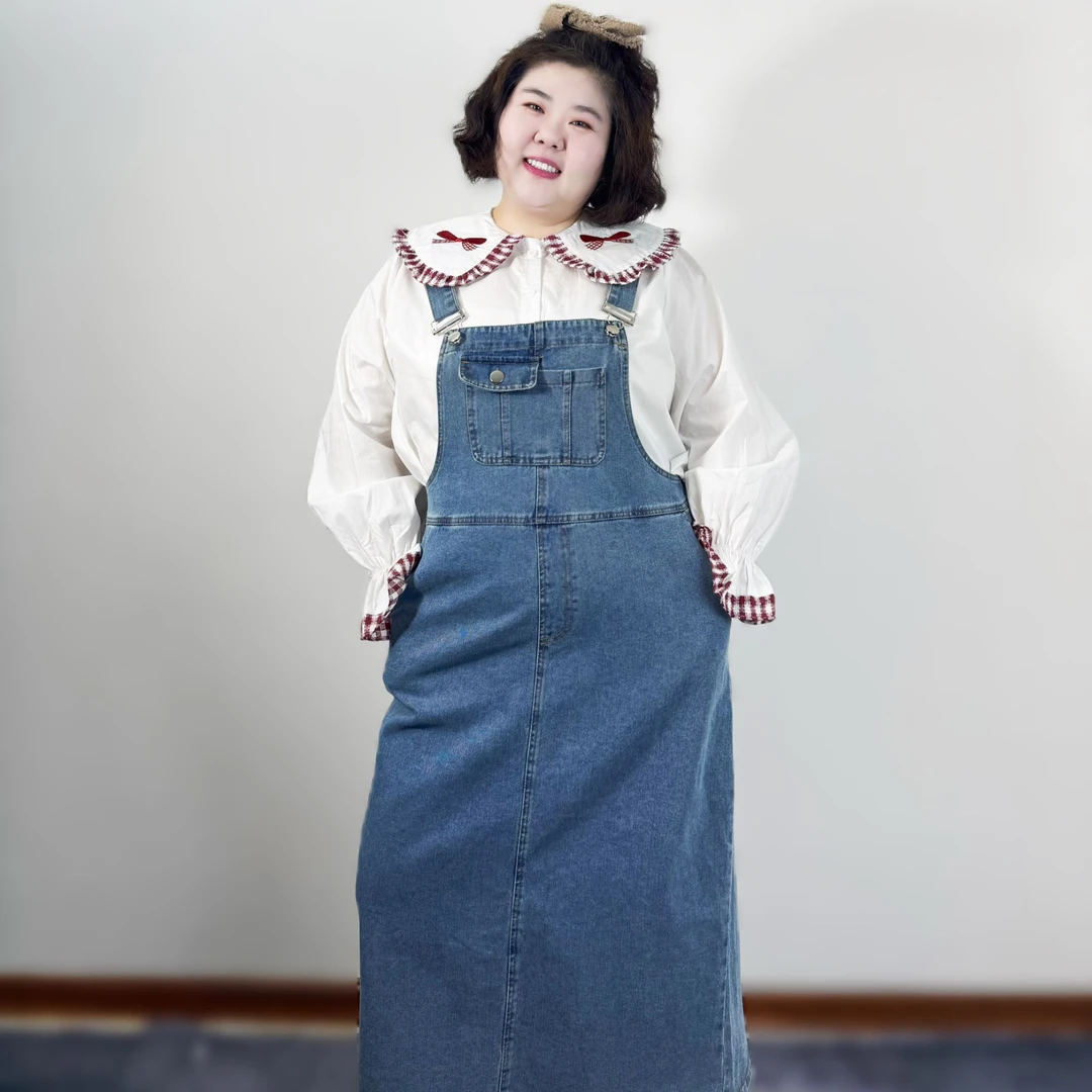 【FXN】2810中长款减龄韩系背带牛仔连衣裙