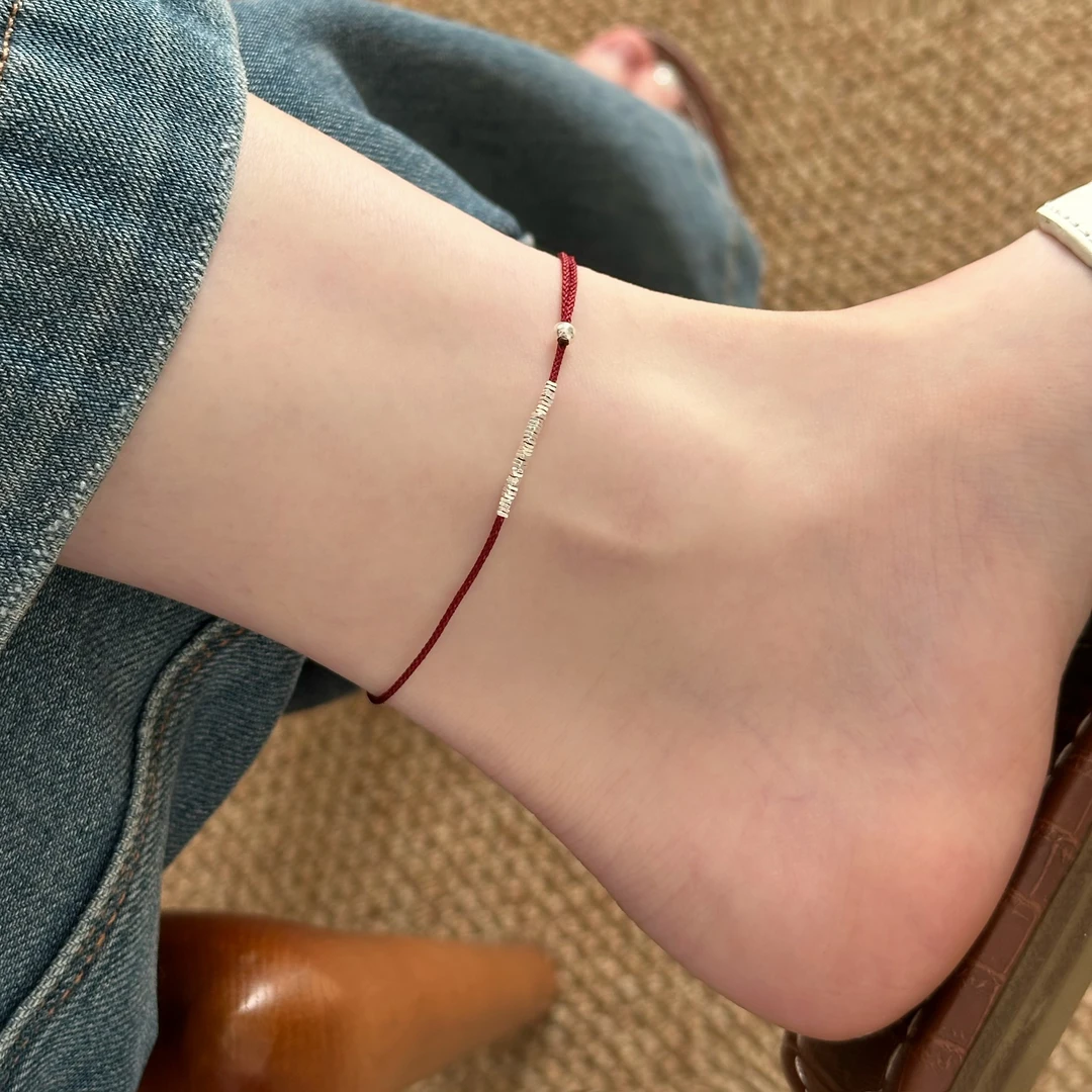 925银脚链 【祈愿】轻奢高级感碎银红绳脚链手工编织不掉色素款闪亮