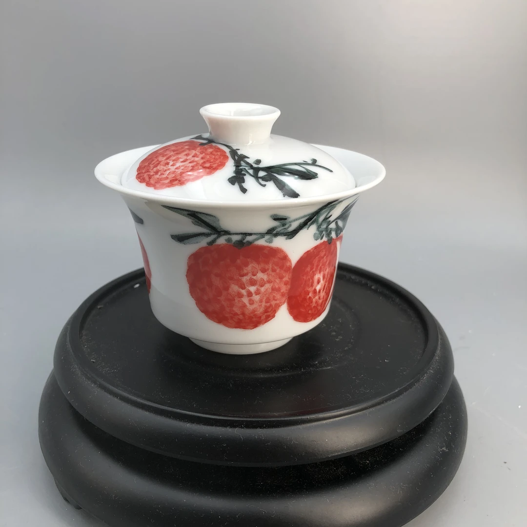 【画禅阁】青花黑料釉下彩荔枝多利盖碗  景德镇  瓷器 hcg0050