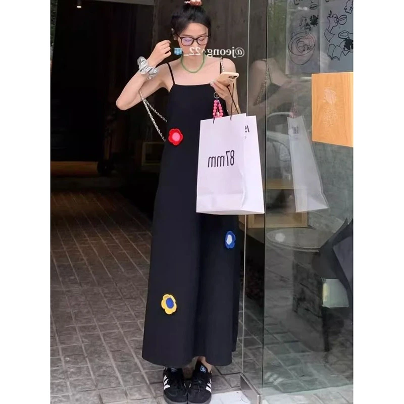 特大码300斤韩系甜酷花朵刺绣吊带连衣裙胖mm秋季无袖长款长裙女