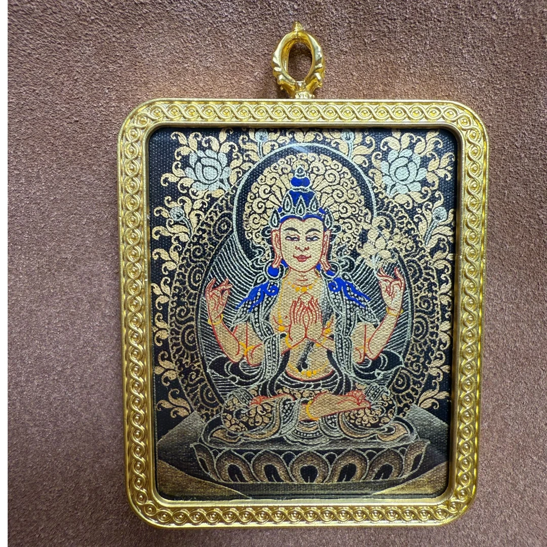 热贡纯手绘唐卡吊坠  四臂观自在