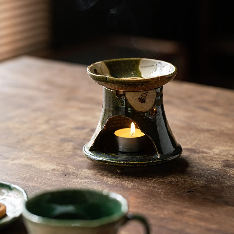 日本进口藏珍窑织部椿茶香炉日式简约复古烤茶炉玄关茶室茶道摆件
