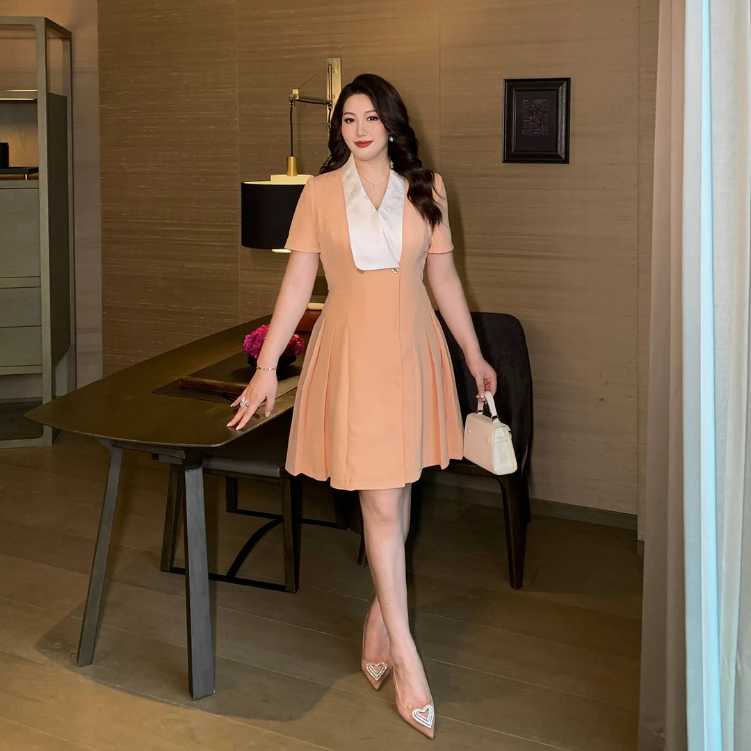 GLEC大码女装AD茶歇法式多巴胺西装裙褶皱显瘦中长款伞裙连衣裙