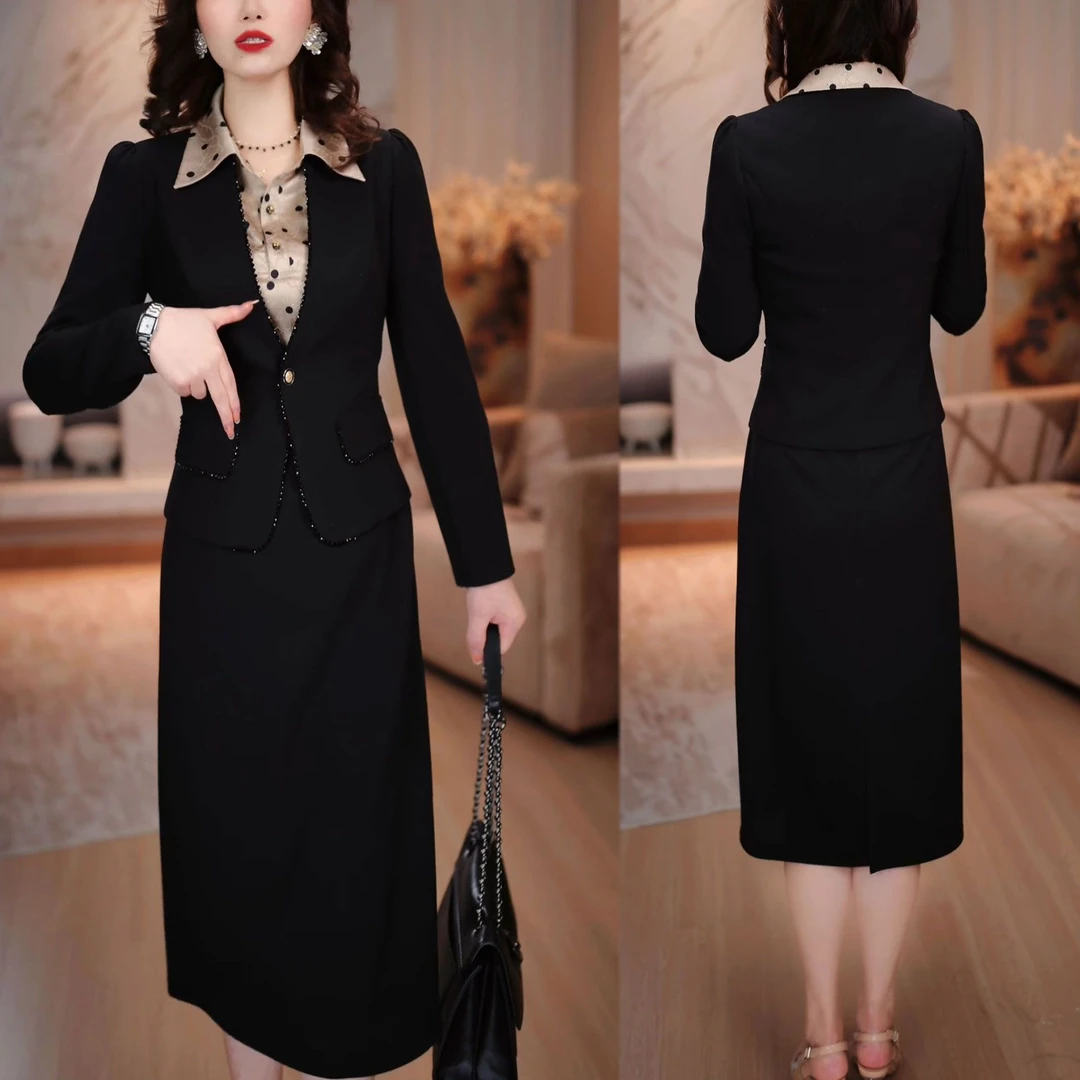 2025秋季时尚新款设计感优雅清新气质女士西服外套+连衣裙两件套