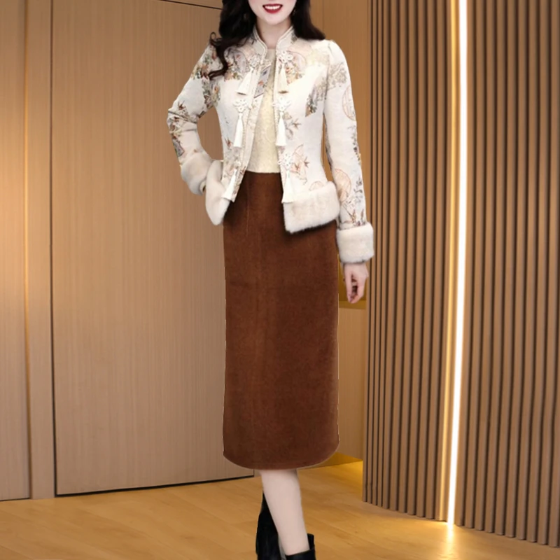 【可蓓儿】小香风加厚新中式连衣裙套装2024秋冬新款喜婆婆妈妈妈装