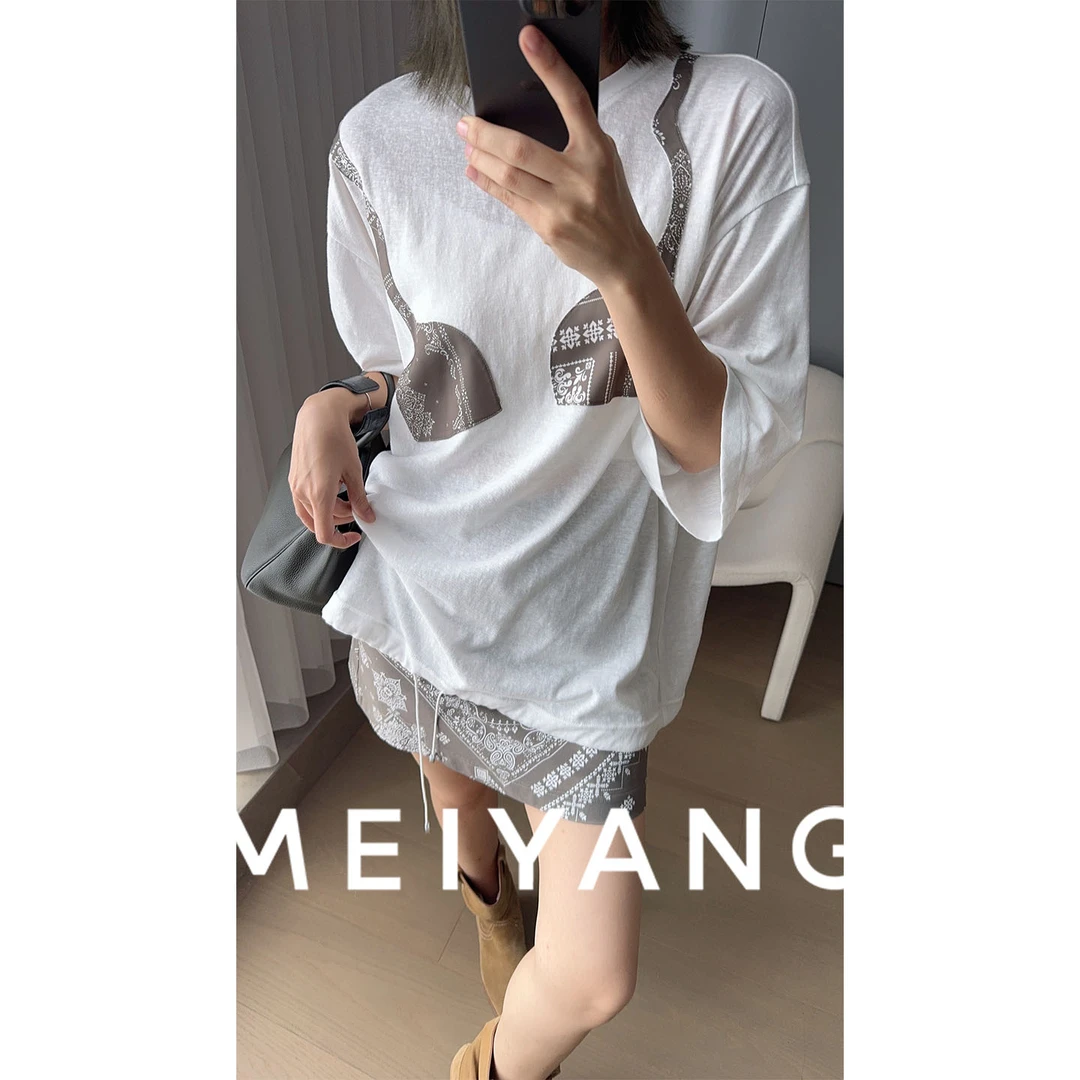 美洋MEIYANG 比基尼短袖 雪花竹节棉_佩斯利印花圆领七分袖-周四