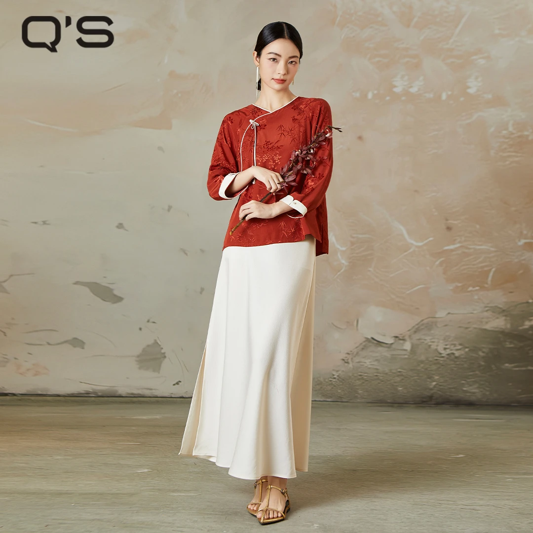 【秸熙】秋季新中式红色花鸟提花长袖上衣4XC577/白色半裙4XC496