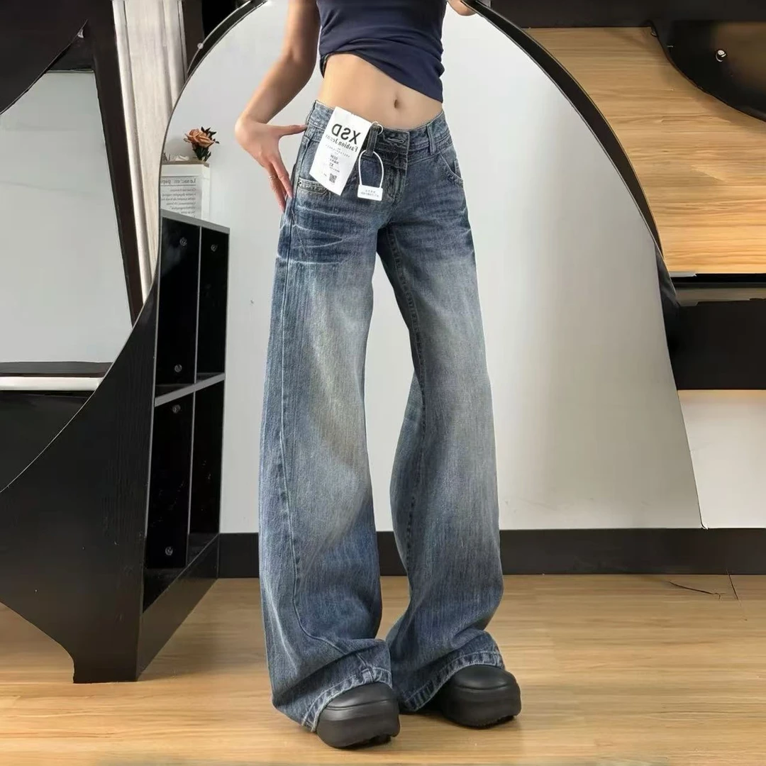 美式复古纯欲慵懒风女裤水洗折痕牛仔裤女秋季低腰宽松显瘦拖地裤