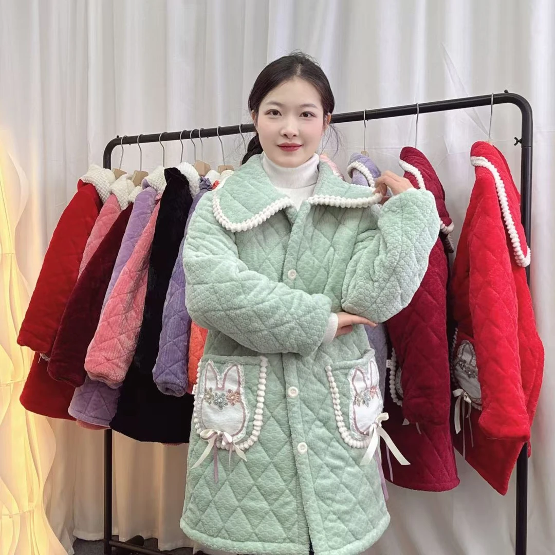 重工兔子口袋时尚减龄睡衣家居服中长款棉衣加绒加厚保暖女外套