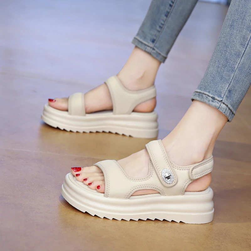 露趾凉鞋女厚底魔术贴夏季2025年新款百搭仙女风软底罗马沙滩凉鞋