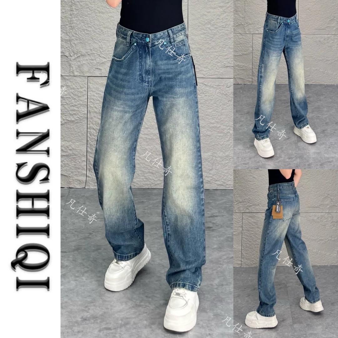 春夏水洗棉松石点缀宽松直筒牛仔裤百搭中高腰休闲微阔牛仔裤3357