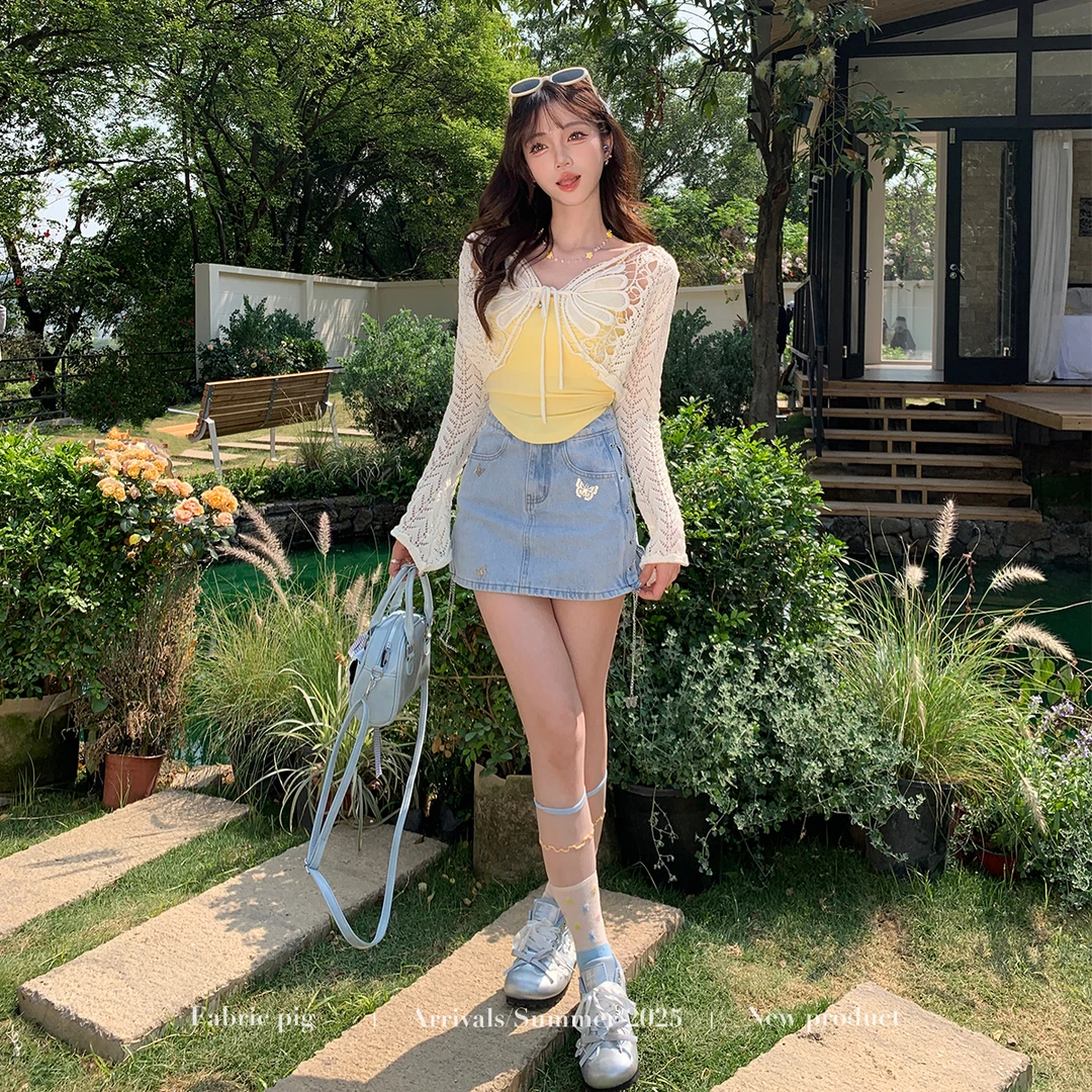 夏末蝴蝶 织物猪原创 甜欲蓝色显瘦牛仔短裙女夏上衣镂空开衫吊带