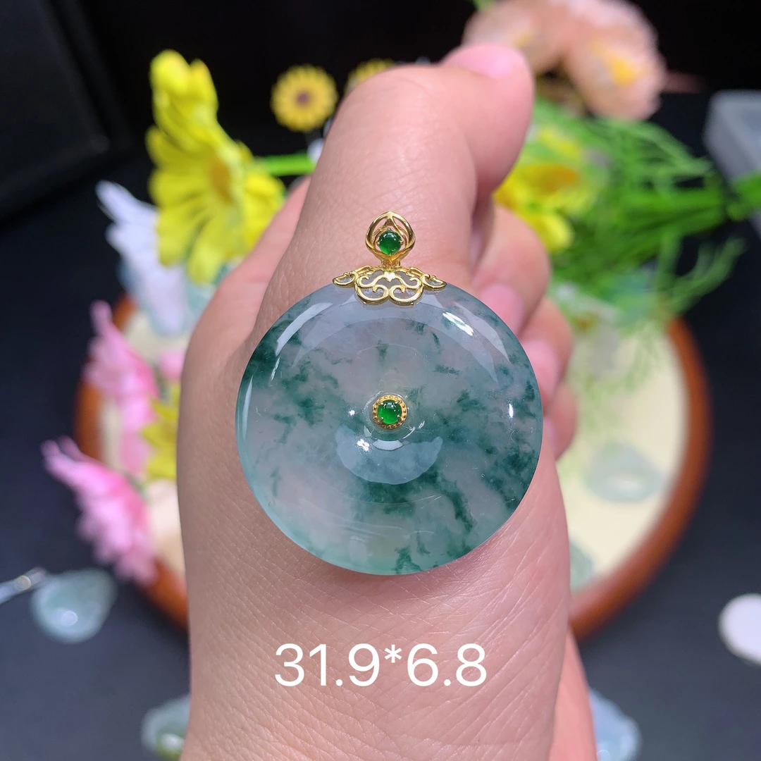 缅甸翡翠A货冰种飘花平安扣奇挂件水润百搭精冰妈妈雕刻玉石百搭