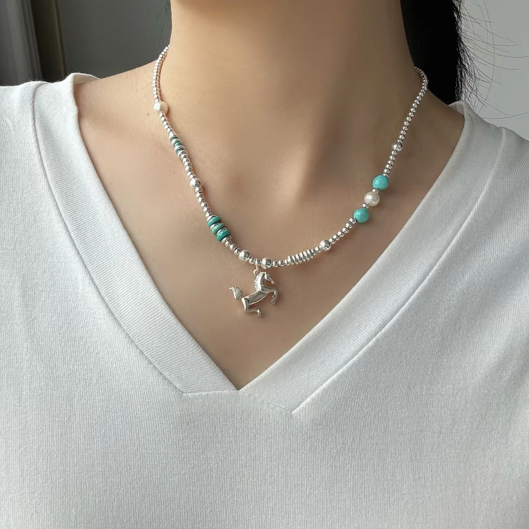 坠链均925银 民族风骏马绿色嵩嵩简单清新百搭项链吊坠