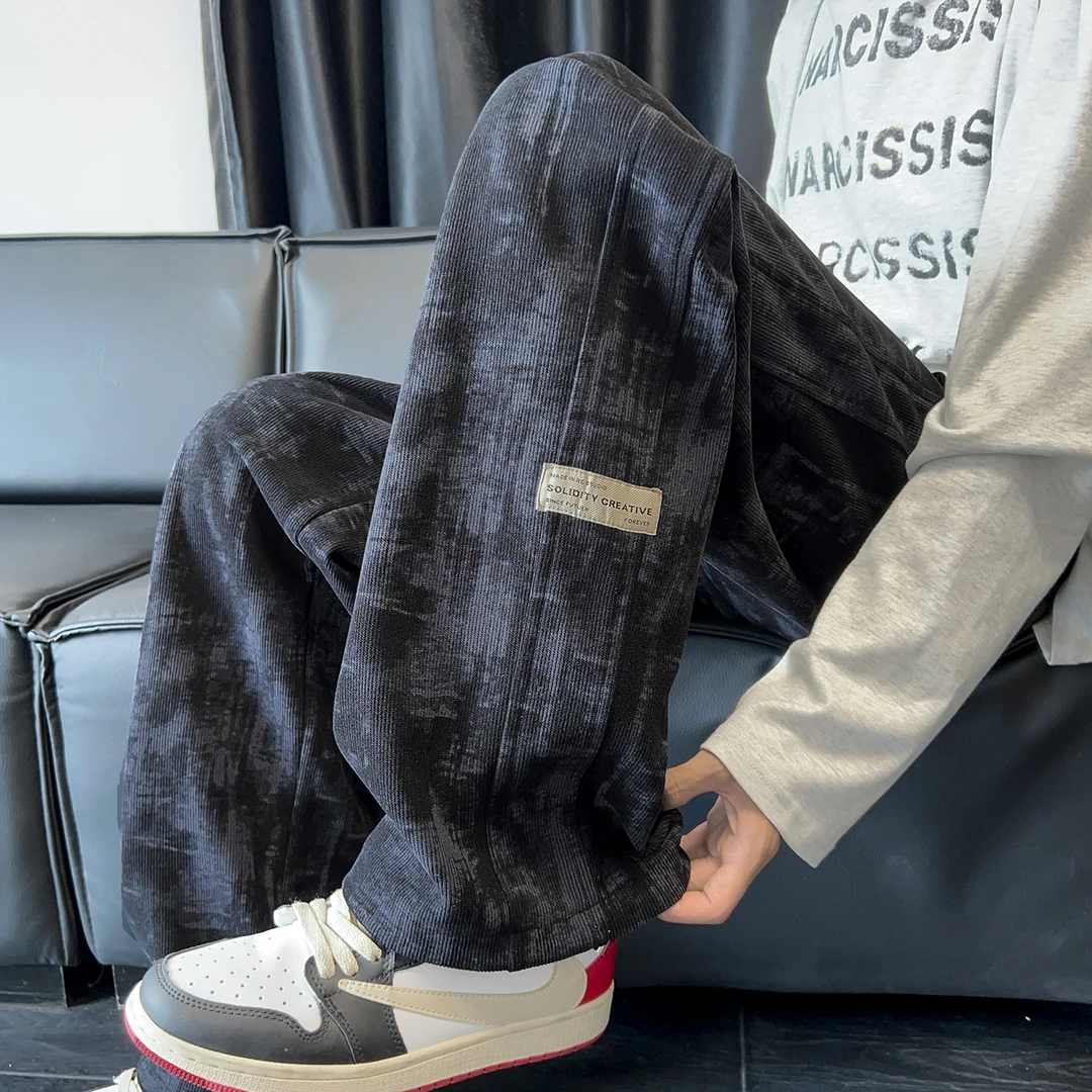 重磅加绒加厚休闲长裤男潮流宽松直筒阔腿裤美式扎染运动卫裤男款