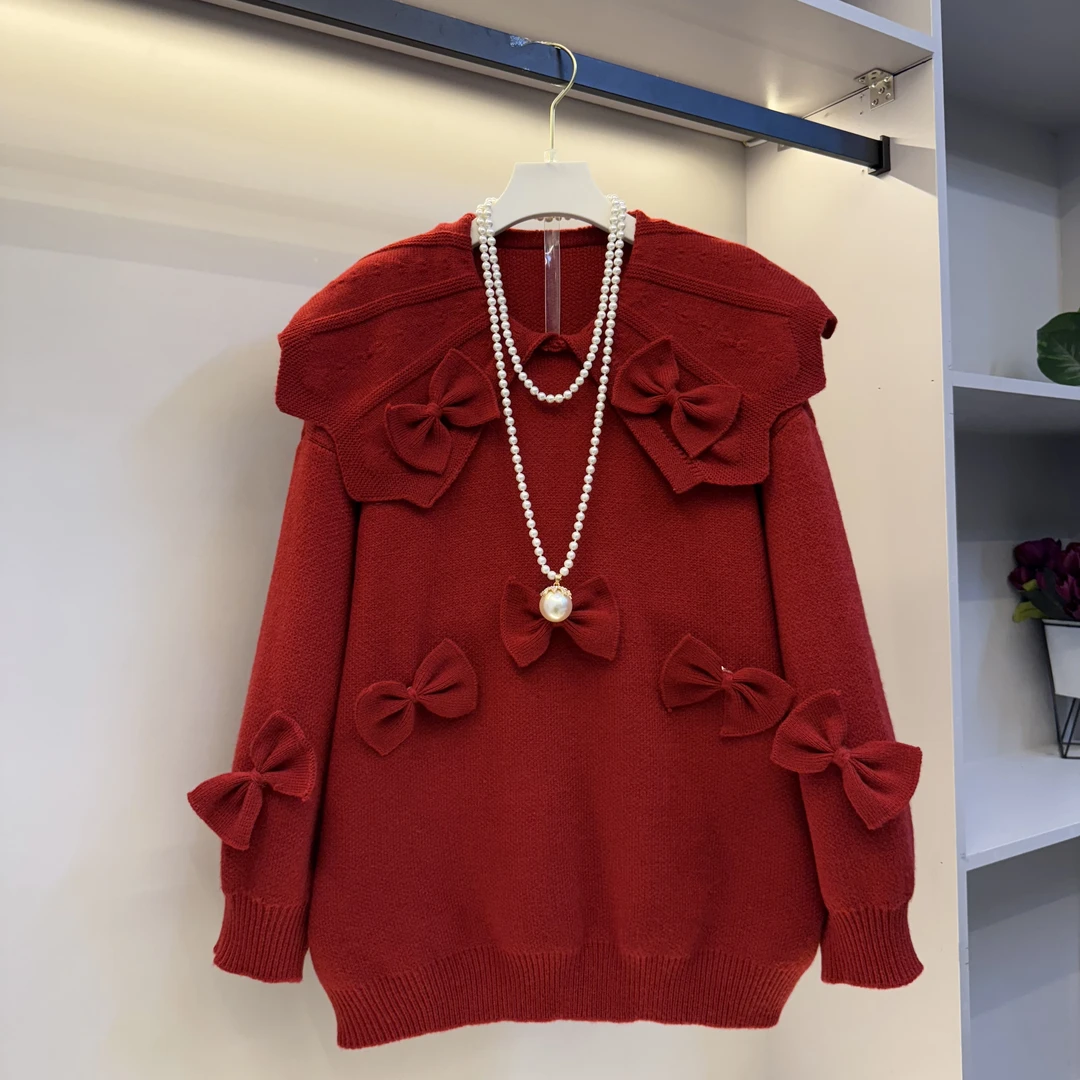 欧货新年款2025洋气衫新年战袍娃娃领蝴蝶结设计针织衫(衣长73)