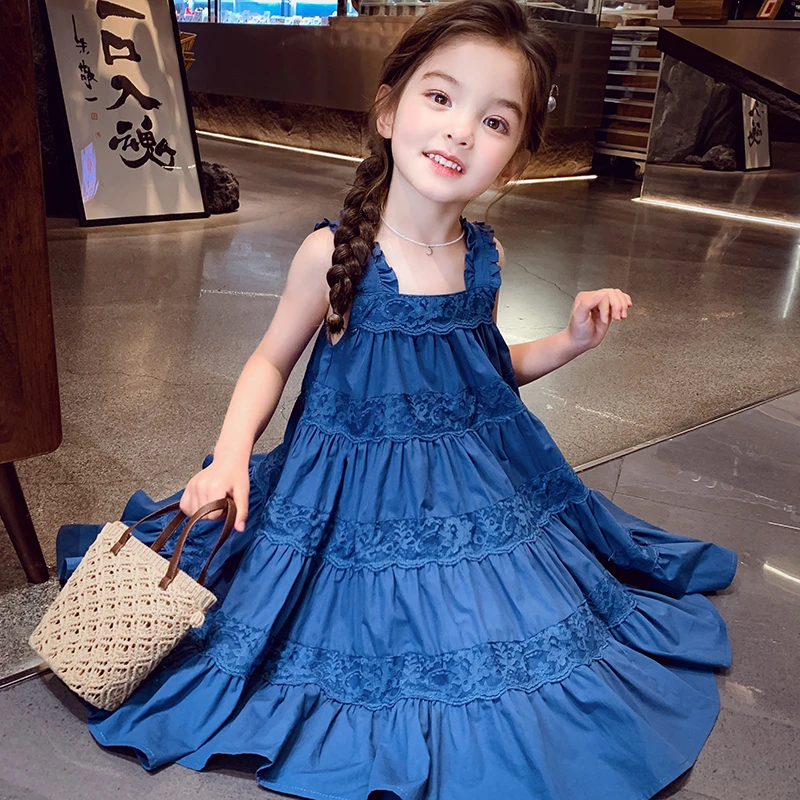 【现货】米米哈罗女童夏装新品度假风蓝色吊带连衣裙X25199