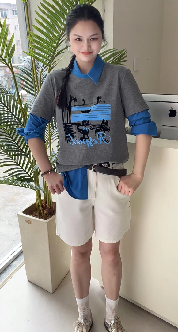 俪妍【LIVELY·YAN】25夏季新款灰色印花短袖T恤31484