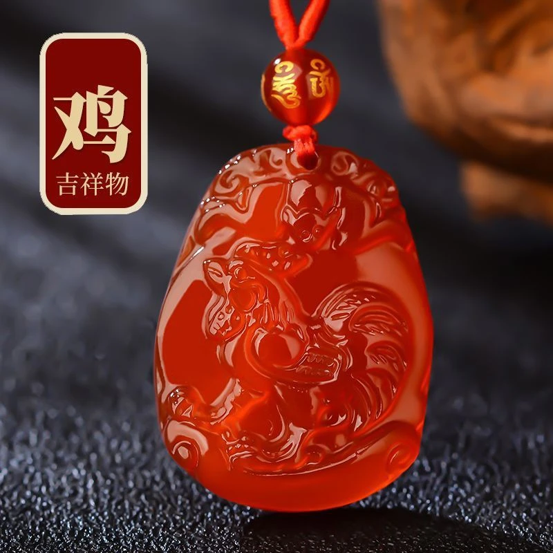 天然红玛瑙雕刻2025蛇年生肖鸡吊坠吉祥物男女护身项链中国风礼物