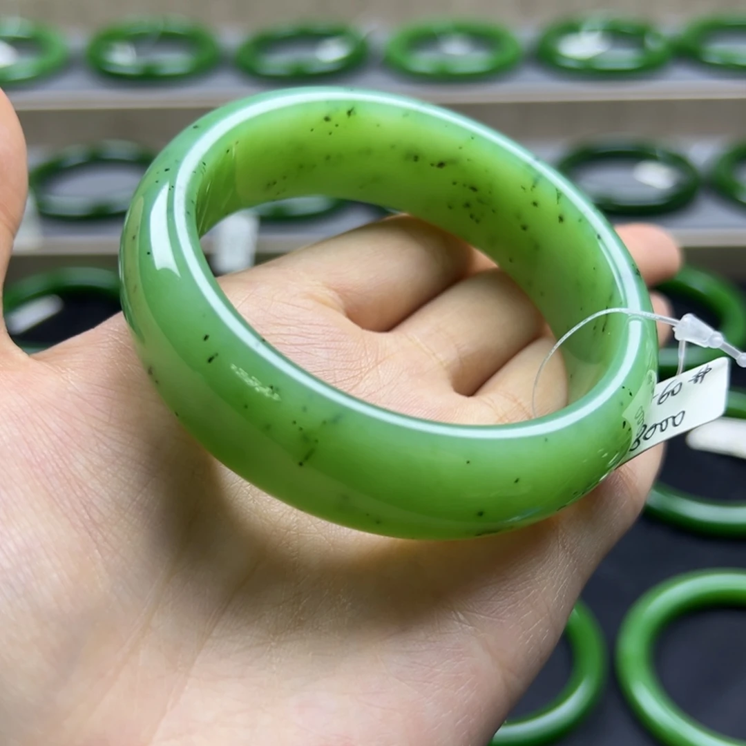 和田玉未镶嵌手镯碧玉高色乌兰黑苹果绿少黑宽胎5859