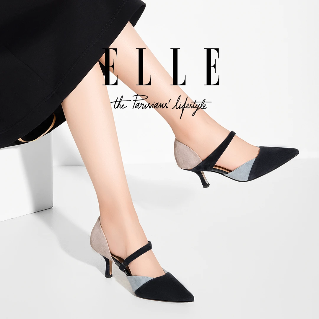ELLE法式尖头单鞋女真皮磨砂浅口高跟鞋复古拼色一字扣带时装凉鞋