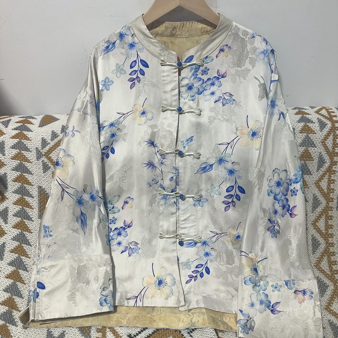 【青花瓷】新中式蝴蝶刻花天青色灰色高级感前短后长上衣外套女
