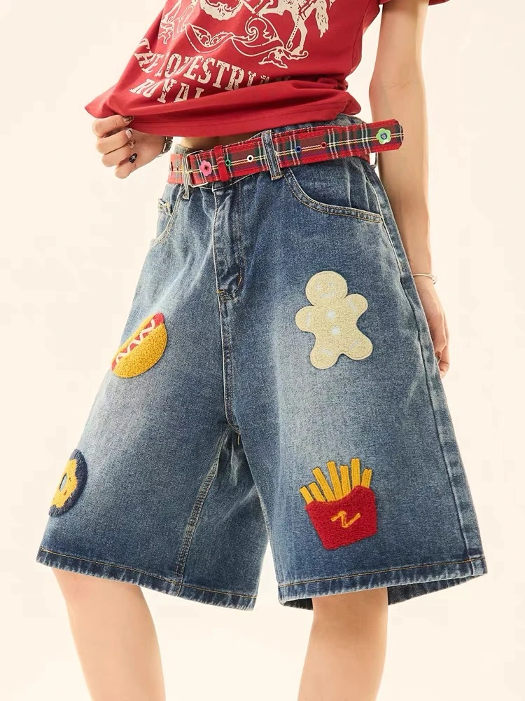 oversize美式复古「汉堡薯条毛巾绣」牛仔短裤男女情侣夏季五分裤子
