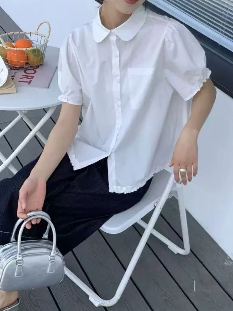 翻领下摆花边袖口半松紧小衫轻薄夏季