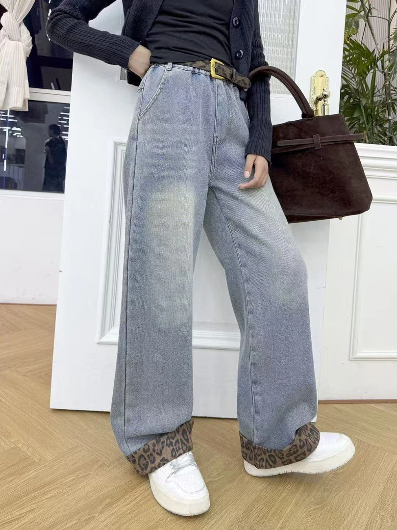 女童秋冬加绒牛仔裤加厚阔腿裤中大童洋气裤子