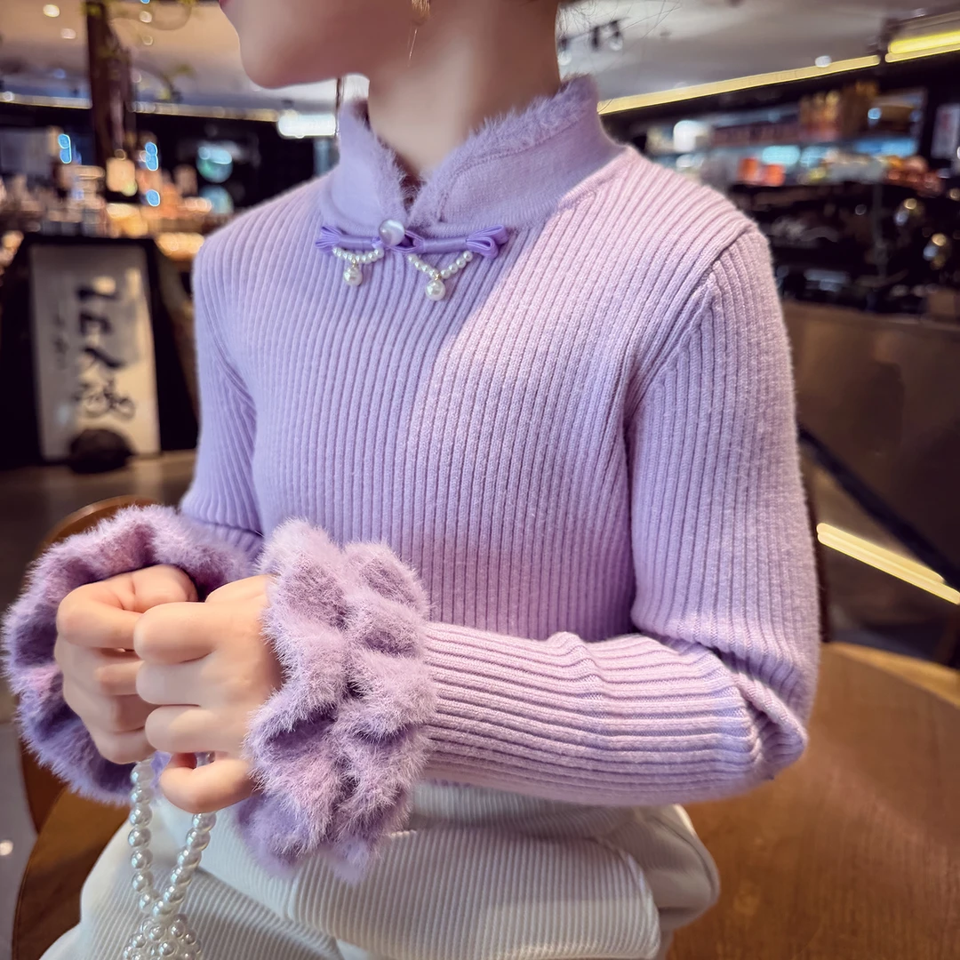 米米哈罗女童纯色百搭花边打底衫毛衣上衣长袖 D250215