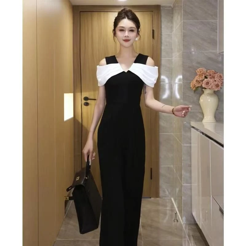 网红爆款时尚连体衣裤女新款高级感露肩撞色显瘦阔腿裤潮